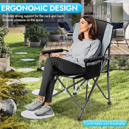 2 Pack Oversized Folding Camping Chair for Adults, Supports 450 LBS Camping Chairs, Heavy Duty Camping Chair with Side Pockets, Foldable Outdoor Chair for Camping, Beach, Fishing, Hiking, Black-Gray