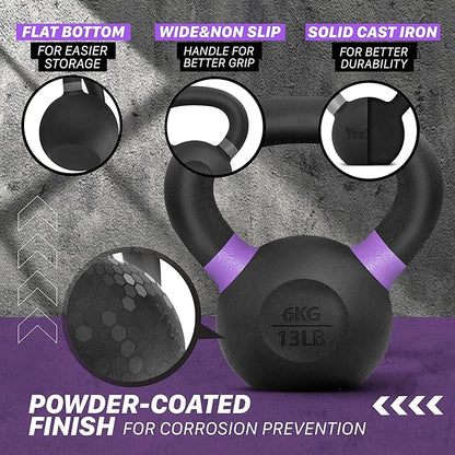 Yes4All Kettlebell, Heavy Duty Powder Coated Cast Iron Kettlebells, Non-Slip Handle & Flat Bottom for Conditioning, Strength Training & Full Body Exercises at Home Gym - Single & Pair