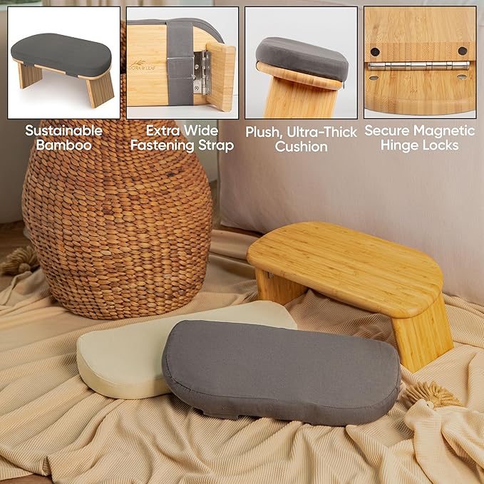 Meditation Chair w/ Extra Thick Cushion - Portable Bamboo Meditation Bench w/ Magnetic Locking Hinge - Anterior Tilt Seiza Bench Ideal for Comfortable & Stable Meditation - Sleek Canvas Kneeling Chair