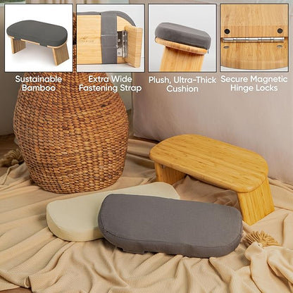 Meditation Chair w/ Extra Thick Cushion - Portable Bamboo Meditation Bench w/ Magnetic Locking Hinge - Anterior Tilt Seiza Bench Ideal for Comfortable & Stable Meditation - Sleek Canvas Kneeling Chair