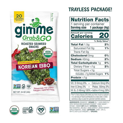 Gimme Seaweed Grab & Go Organic Premium Roasted Seaweed Snacks, Korean BBQ, 5 Count Trayless, Keto, Vegan, Gluten-Free, Source of Omega3s, Healthy On-The-Go Snack for Kids & Adults