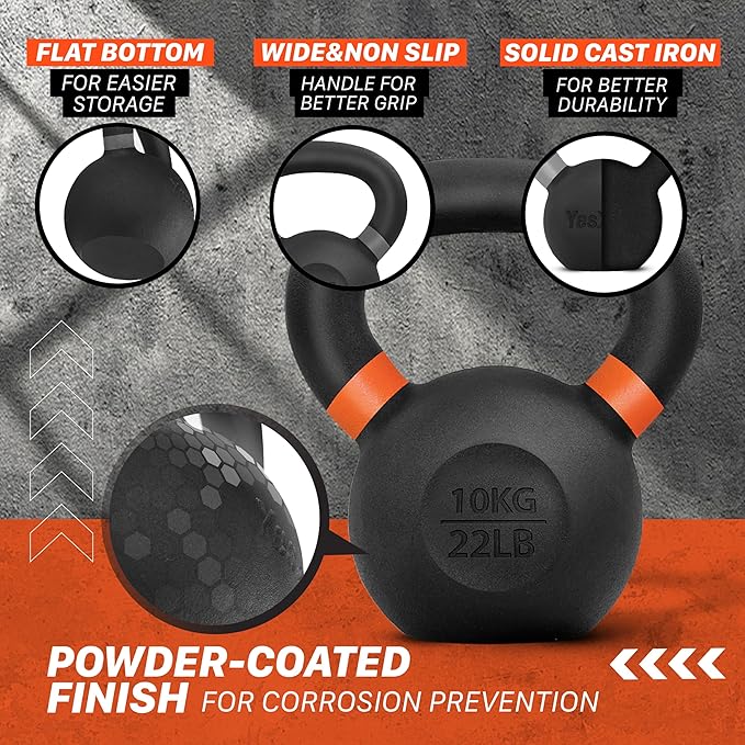 Yes4All Kettlebell, Heavy Duty Powder Coated Cast Iron Kettlebells, Non-Slip Handle & Flat Bottom for Conditioning, Strength Training & Full Body Exercises at Home Gym - Single & Pair