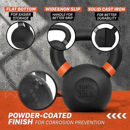 Yes4All Kettlebell, Heavy Duty Powder Coated Cast Iron Kettlebells, Non-Slip Handle & Flat Bottom for Conditioning, Strength Training & Full Body Exercises at Home Gym - Single & Pair