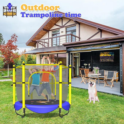 60" Trampoline for Kids, 5 FT Indoor & Outdoor Toddler Baby Trampoline with Basketball Hoop, Safety Enclosure, Birthday Gifts for Kids, Gifts for Boy and Girl, Age 3-8