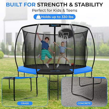 SereneLife 8FT 10FT 12FT 14FT Outdoor Trampoline for Kids and Adults – ASTM Certified Heavy-Duty Backyard Trampoline with Safety Poles, Net Enclosure, and Stable Anti-Rust Frame