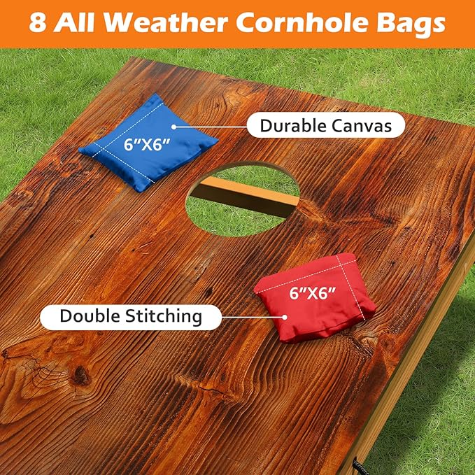 Solid Wood Premium Cornhole Game Set, Bean Bag Toss Game for Tailgate, Outdoor, Backyard - Professional Portable Cornhole Boards & Set of 8 Cornhole Bean Bags (Junior, Tailgate, Regulation Size)