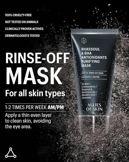 Allies of Skin 2% BHA & Rhassoul Clay Face Mask | Weekly Treatment to Reduce Pores and Blemishes | Control Breakouts, Acne and Blackheads | Hydrate and Retain Moisture (1.7 oz)