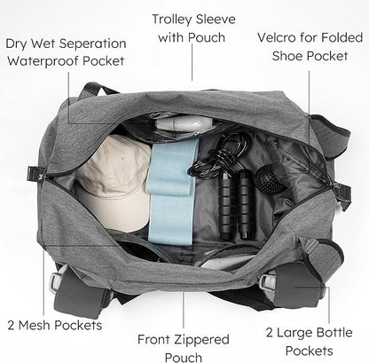 Gym Bag for Men with 2 Upgraded Bottle Holders Convertible Duffle Bag and Gym Backpack Waterproof Sports Bags with Shoes Compartment and Wet Pocket - Grey