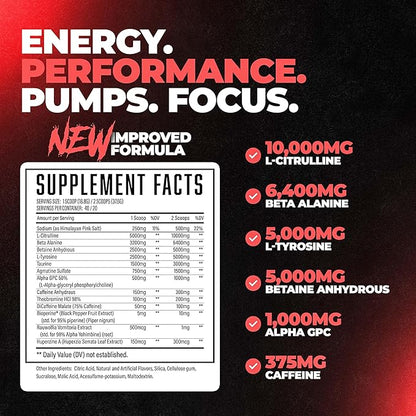 Wrecked Pre Workout, Advanced Formula, Boosts Energy, Focus, Pumps & Performance, 10g L-Citrulline, 6.4g Beta Alanine, 5g Tyrosine, 1g Alpha GPC, 375mg Fast-Acting Caffeine & More