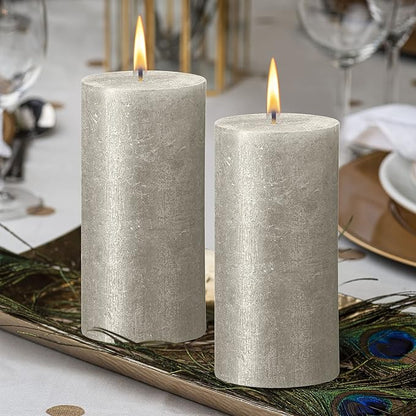 BOLSIUS Silver Shimmer Metallic Pillar Candles 4 Pack - 2.75 X 7.5 Inches - Premium European Quality - Includes Natural Plant-Based Wax - Unscented Dripless Smokeless 85 Hour Party Décor Candles