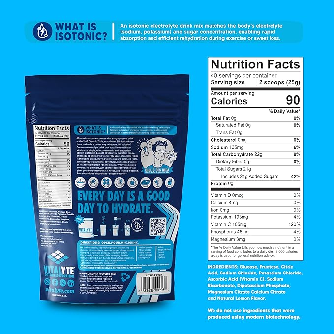 Vitalyte Electrolyte Powder Drink Mix, Isotonic Electrolyte Hydration Mix, Gluten Free Post Workout Powder Mix, Pack of 1, 35 oz., Cool Citrus Flavor