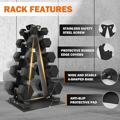 Rubber Coated Hex Dumbbell Weight Sets and Storage Rack, 100LB Set or 150LB Set, 5-20 lbs Pairs or 5-25 lbs Pairs