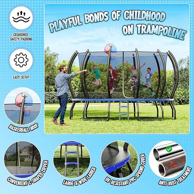 8FT 10FT 12FT 14FT 16FT Trampoline with Pop-up Quick Connector and Basketball Hoop, Trampoline Outdoor with Enclosure, Ladder, ASTM Approval for Kids and Adults