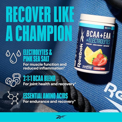 Reebok REECover Amino Acids + Electrolytes | 8g EAAs, 5g BCAAs, Hydration Matrix | Muscle Recovery, Strength | Post-Workout Support | 30 Servings | Strawberry Lemonade