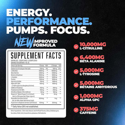 Wrecked Pre Workout Powder, Advanced Formula, Boosts Energy, Focus, Pumps & Performance, 10g L-Citrulline, 6.4g Beta Alanine, 5g Tyrosine, 1g Alpha GPC, 375mg Fast-Acting Caffeine & More (40 Servings)