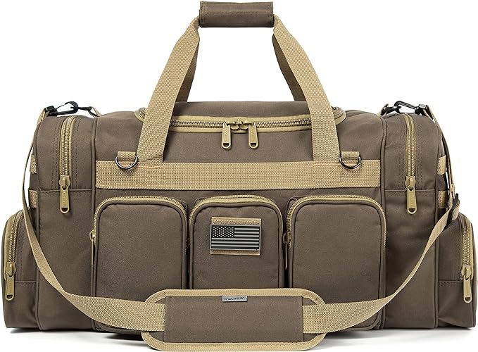 Tactical Range Duffel Heavy Duty Military Molle Gear Travel Sports Gym Bag Lockable Zippers with US Flag Patch (27 In Khaki)