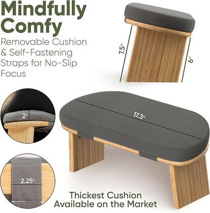 Meditation Chair w/ Extra Thick Cushion - Portable Bamboo Meditation Bench w/ Magnetic Locking Hinge - Anterior Tilt Seiza Bench Ideal for Comfortable & Stable Meditation - Sleek Canvas Kneeling Chair