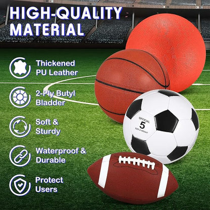 Lenwen 4 Pcs Sports Balls Set, Include Official Size Basketball Soccer Football Playground Ball Pump Equipment Bag for Teen Adult Gift Operation Christmas Ball Gifts
