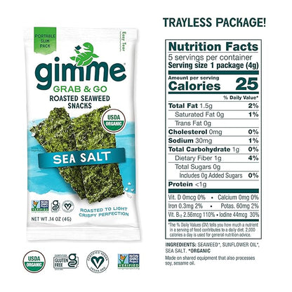 Gimme Seaweed Grab & Go - Sea Salt - 5 Count - Organic Roasted Seaweed Sheets - Keto Vegan Gluten Free - Great Source of Iodine & Omega 3’s - Healthy On-The-Go Snack for Kids Adults (Pack of 4)