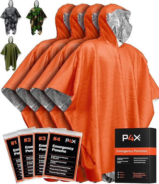 PREPARED4X Emergency Poncho and Mylar Blanket Liner - Waterproof, Wind-Resistant Outdoor Rain
