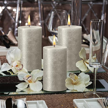 BOLSIUS Silver Shimmer Metallic Pillar Candles 4 Pack - 2.75 X 7.5 Inches - Premium European Quality - Includes Natural Plant-Based Wax - Unscented Dripless Smokeless 85 Hour Party Décor Candles
