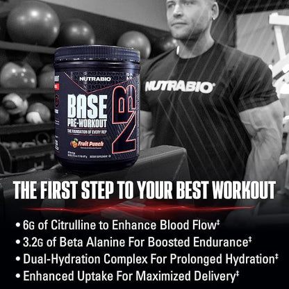 NutraBio Base Pre-Workout Powder 200mg Caffiene, Sustained Energy, Focus, Endurance, Pump, Sugar Free, Clean Preworkout for Men and Women - Beta Alanine, L-Tyrosine, 30 Servings - Fruit Punch