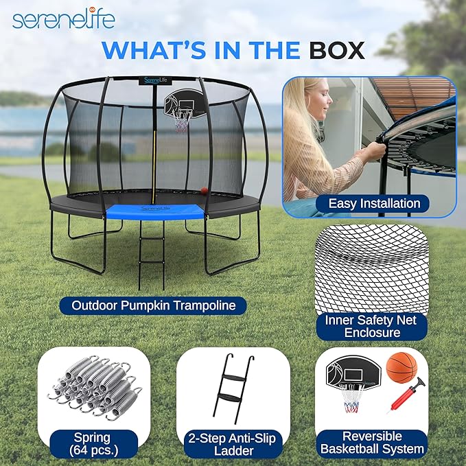 Serenelife 12FT 10FT 8FT Recreational Trampolines with Enclosure Net and Ladder and Anti-Rust Coating, ASTM Approved Trampoline Outdoor for Kids and Adults Outdoor Yard Trampolines