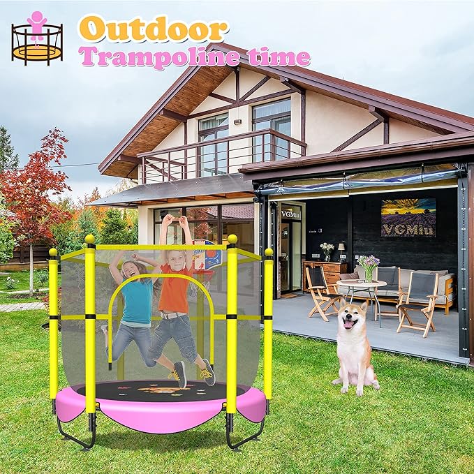 60" Trampoline for Kids, 5 FT Indoor & Outdoor Toddler Baby Trampoline with Basketball Hoop, Safety Enclosure, Birthday Gifts for Kids, Gifts for Boy and Girl, Age 3-8