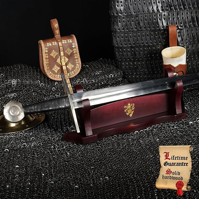 Mythrojan Medieval Sword Stand Solid Wood Horizontal Display Rack for Katana, Samurai, Gladiator, Crusader Swords Elegant Tabletop Holder, 1-Tier - Dark Brown