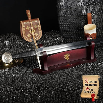 Mythrojan Medieval Sword Stand Solid Wood Horizontal Display Rack for Katana, Samurai, Gladiator, Crusader Swords Elegant Tabletop Holder, 1-Tier - Dark Brown