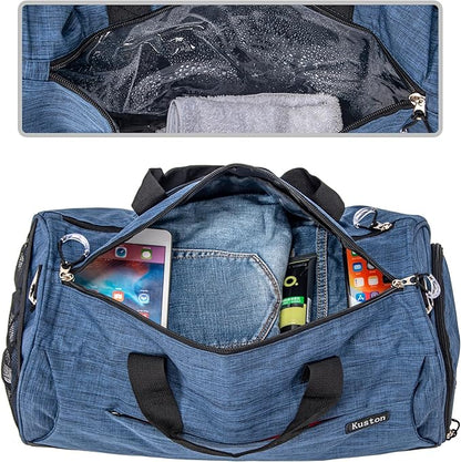 Kuston Sports Gym Bag with Shoes Compartment, Trolley Sleeve and Wet Pocket Gym Duffel Bag Overnight Bag-Upgraded