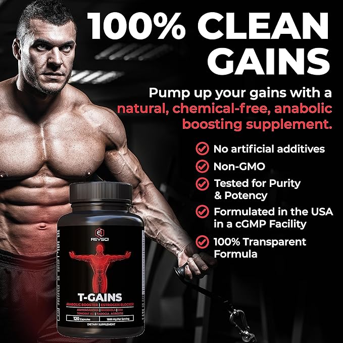 Anabolic Booster & Muscle Builder, T-GAINS Testosterone Supplement for Men, TRT Test Booster & Estrogen Blocker, HGH Supplements for Men - Tongkat Ali Fadogia Agrestis for Muscle Growth, 120 Caps