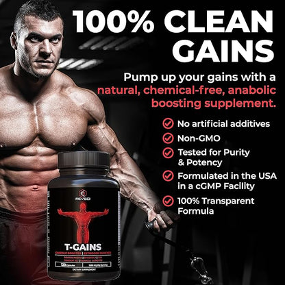Anabolic Booster & Muscle Builder, T-GAINS Testosterone Supplement for Men, TRT Test Booster & Estrogen Blocker, HGH Supplements for Men - Tongkat Ali Fadogia Agrestis for Muscle Growth, 120 Caps