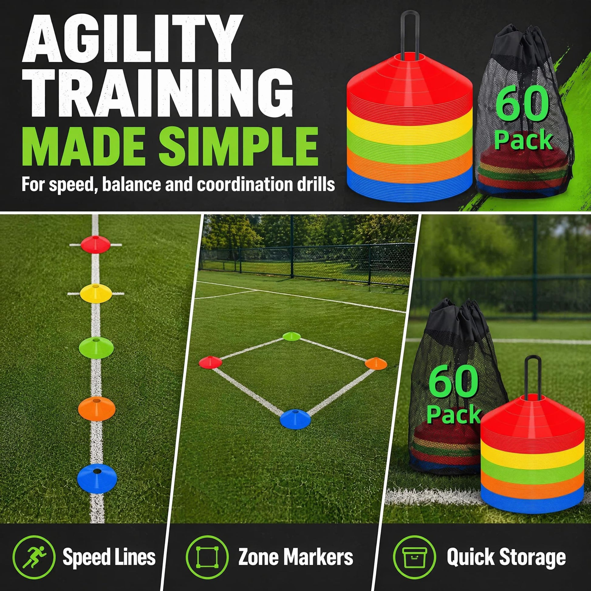 60 Pack Agile Soccer Cones with Portable Bags & Brackets,Sports Cones,cones for sports