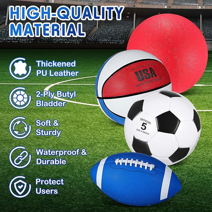 Lenwen 4 Pcs Sports Balls Set, Include Official Size Basketball Soccer Football Playground Ball Pump Equipment Bag for Teen Adult Gift Operation Christmas Ball Gifts