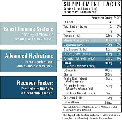 Wilderness Athlete - Hydrate & Recover | Liquid Hydration Powder Electrolyte Drink Mix - Recover Faster with Bcaas - Hydrate Powder with 1000mg of Vitamin C - 30 Serving Tub (Berry Blast)