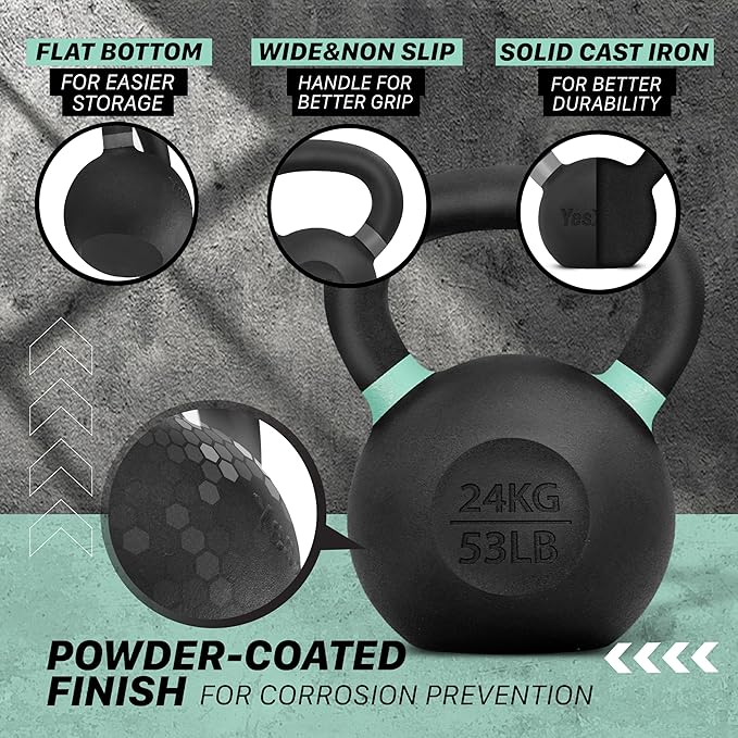 Yes4All Kettlebell, Heavy Duty Powder Coated Cast Iron Kettlebells, Non-Slip Handle & Flat Bottom for Conditioning, Strength Training & Full Body Exercises at Home Gym - Single & Pair