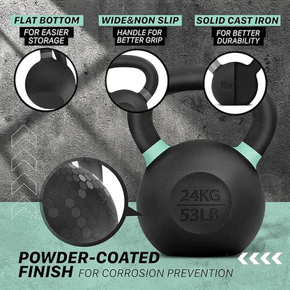 Yes4All Kettlebell, Heavy Duty Powder Coated Cast Iron Kettlebells, Non-Slip Handle & Flat Bottom for Conditioning, Strength Training & Full Body Exercises at Home Gym - Single & Pair