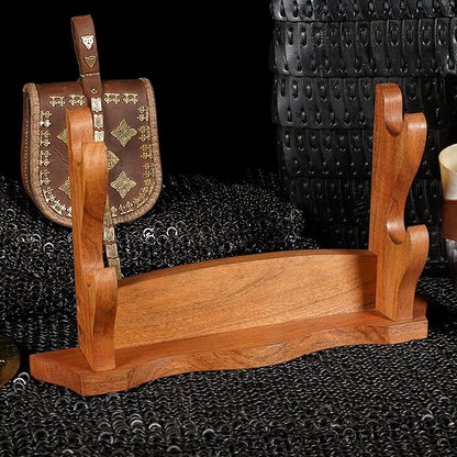 Mythrojan Solid Wood Sword Stand Wall Mount Display Rack for Medieval, Samurai, Katana & Knife Collections Durable, Stylish, Space-Saving Holder - Two Tier Stand
