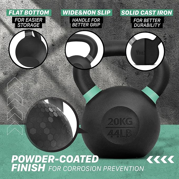 Yes4All Kettlebell, Heavy Duty Powder Coated Cast Iron Kettlebells, Non-Slip Handle & Flat Bottom for Conditioning, Strength Training & Full Body Exercises at Home Gym - Single & Pair
