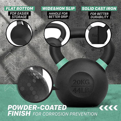 Yes4All Kettlebell, Heavy Duty Powder Coated Cast Iron Kettlebells, Non-Slip Handle & Flat Bottom for Conditioning, Strength Training & Full Body Exercises at Home Gym - Single & Pair