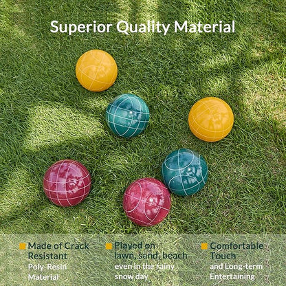 ApudArmis Bocce Balls Set, Regulation Size 100mm Bocce Game for Outdoor/Backyard/Lawn/Beach with 8 PCS 100% Poly-Resin Balls / 1 Pallino/Nylon Carrying Case/Measuring Rope (Red,Blue,Green,Yellow)