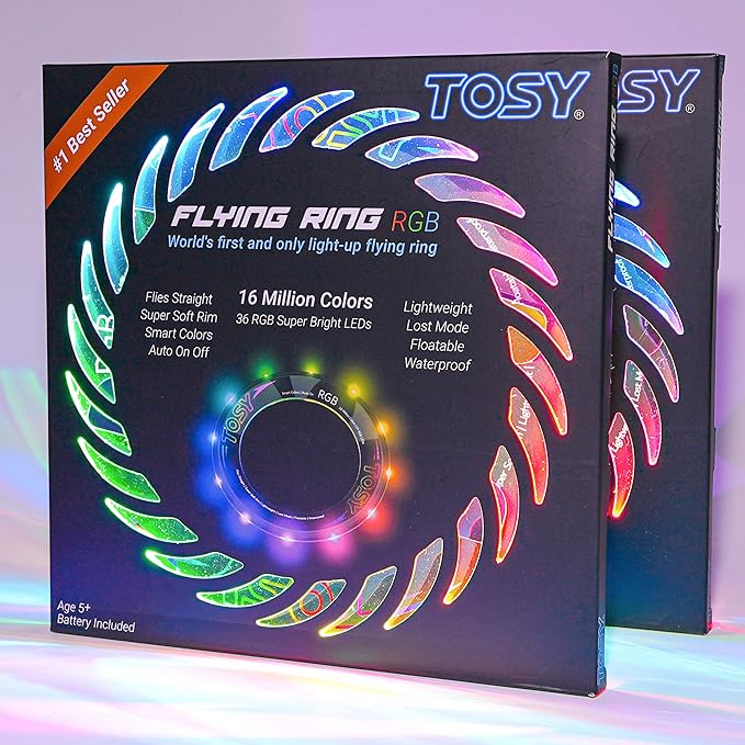 TOSY Flying Ring - 16 Million Color RGB LEDs, Super Bright, Lost Mode, Auto Light Up, Camping Essentials for Kid/Teen/Boy/Girl, Safe, Waterproof, Pool/Beach Games, Lightweight Toy, 2-Pack