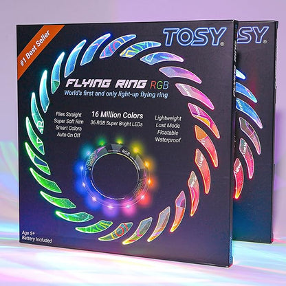 TOSY Flying Ring - 16 Million Color RGB LEDs, Super Bright, Lost Mode, Auto Light Up, Camping Essentials for Kid/Teen/Boy/Girl, Safe, Waterproof, Pool/Beach Games, Lightweight Toy, 2-Pack
