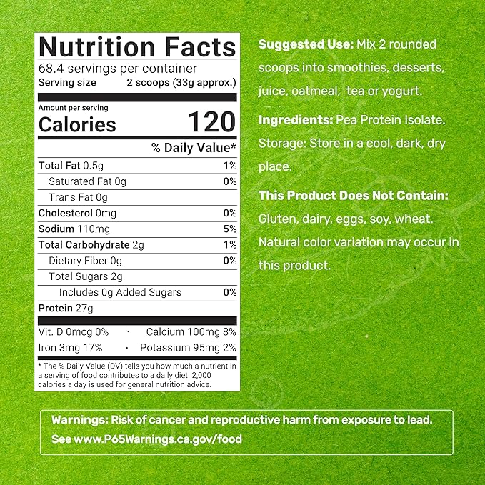 Unflavored Pea Protein Powder, 5lbs ??Premium North American Grown Peas ??Easily Digested Isolate Form ??Great for Shakes, Bars, or Snacks ??27g Protein Serving, Soy Free, Vegan
