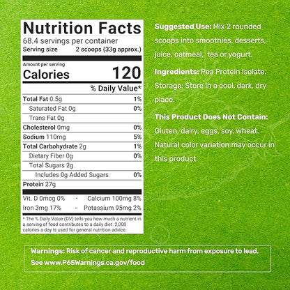 Unflavored Pea Protein Powder, 5lbs ??Premium North American Grown Peas ??Easily Digested Isolate Form ??Great for Shakes, Bars, or Snacks ??27g Protein Serving, Soy Free, Vegan