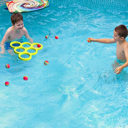 Hiboom Pool Game with Score, Combo Foam Pool Floats with 10 Colorful Tossing Balls, Toss Game Swimming Party Toys Accessories for Family Par, Dive Rings(Triangle,Yellow)