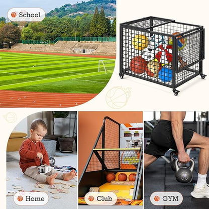 AECOJOY Ball Cart Storage, Rolling Basketball Bin with Wheels for Garage, School, Gym, Sports Equipment and Toy Organizer, Indoor & Outdoor