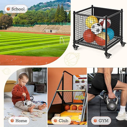 AECOJOY Ball Cart Storage, Rolling Basketball Bin with Wheels for Garage, School, Gym, Sports Equipment and Toy Organizer, Indoor & Outdoor