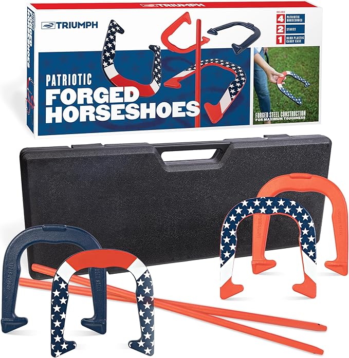 Triumph Forged and Steel Horseshoe Set Complete with 4 Horseshoes, 2 Stakes - Patriotic or Blue and Grey Colors - Perfect Addition for Parties and Outdoor Gatherings